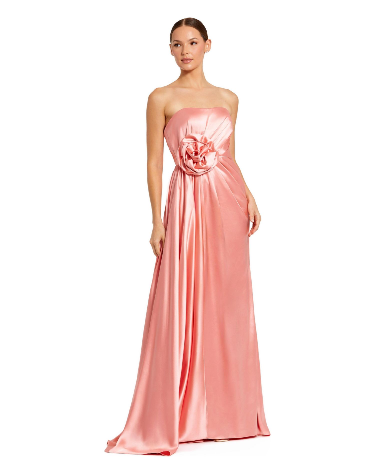 Women's Strapless Satin Gown with Floral 3D Accent