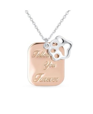 Two-Tone Paw Print Dog Tag Rose Gold Plated Pendant Necklace & CZ Accent BFF Stud Earrings Set Sterling Silver