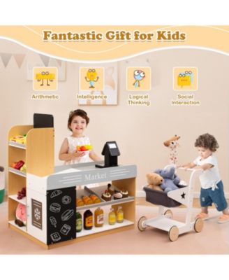 Wooden Supermarket Playset with Checkout Counter & Shopping Cart