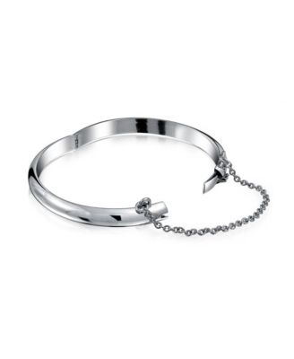 Set of 2 Small Simple Stackable Dome Cuff Bangle Bracelet with Safety Chain Sterling Silver 5 Inch
