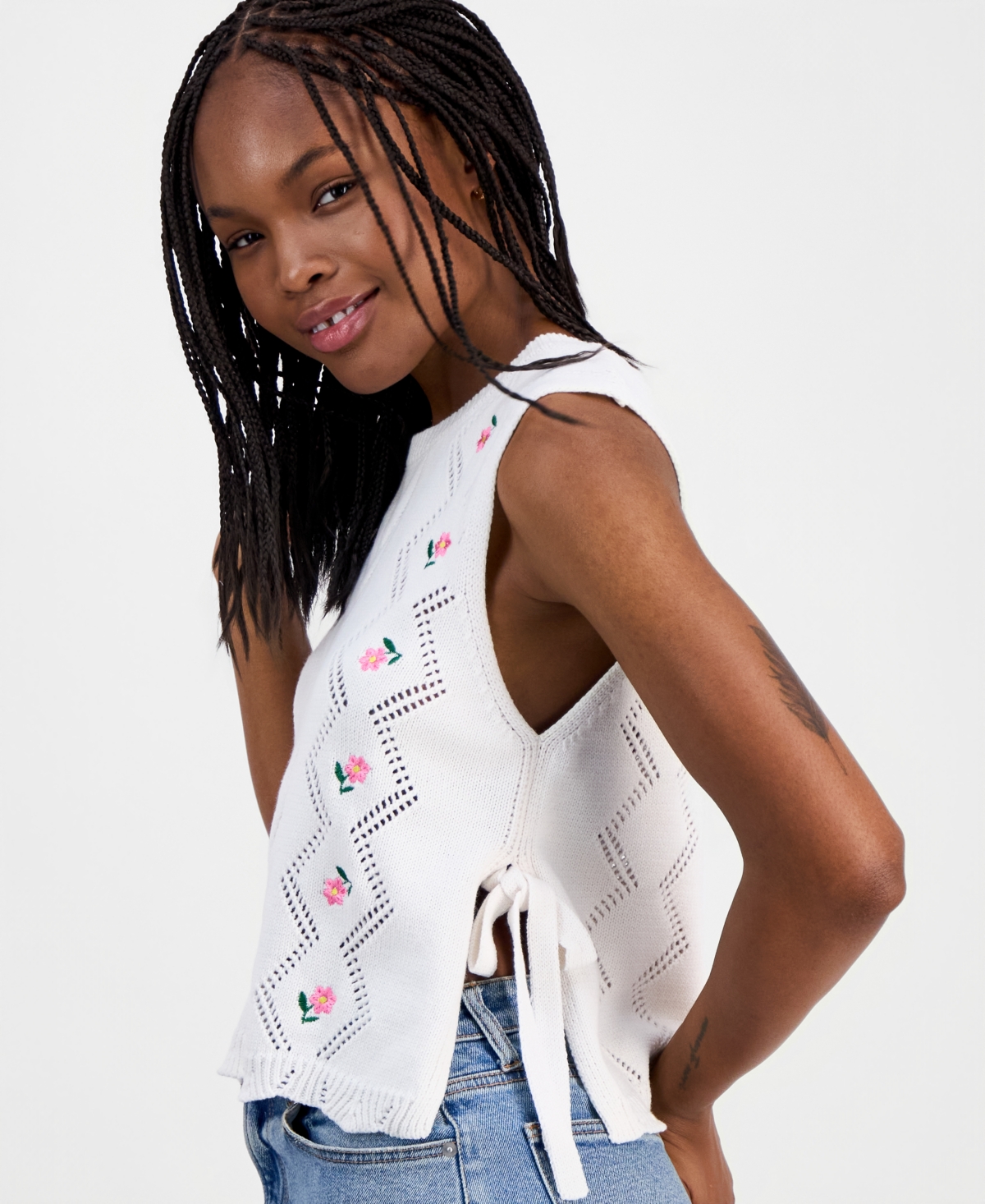 Hooked Up by Iot Juniors' Embroidered Floral Side-Tie Sleeveless Sweater