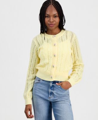 Juniors' Embroidered-Button Cable-Knit Cardigan