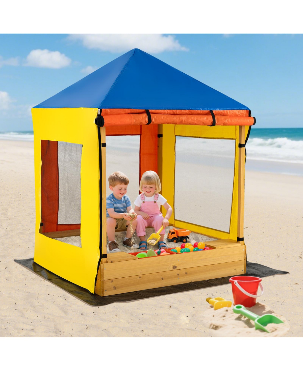 Large Wooden Sandbox with Canopy, Mesh Windows, and Bottom Liner