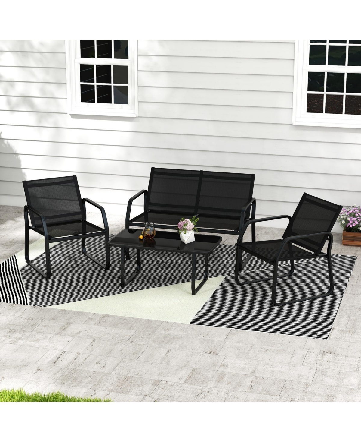 Slickblue 4 Pieces Patio Conversation Set with Breathable Fabric Seat
