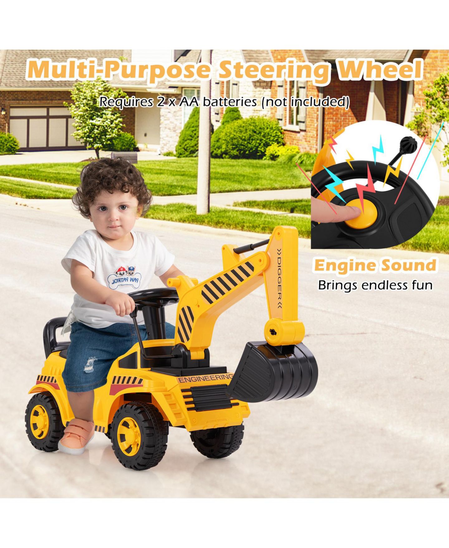 Детская игрушка HONGGE Kids Ride-On Excavator Toy with Adjustable Shovel and Foot-Pedal Control, Ages 1.5+, цвет: Жёлтый чёрный — фото 6