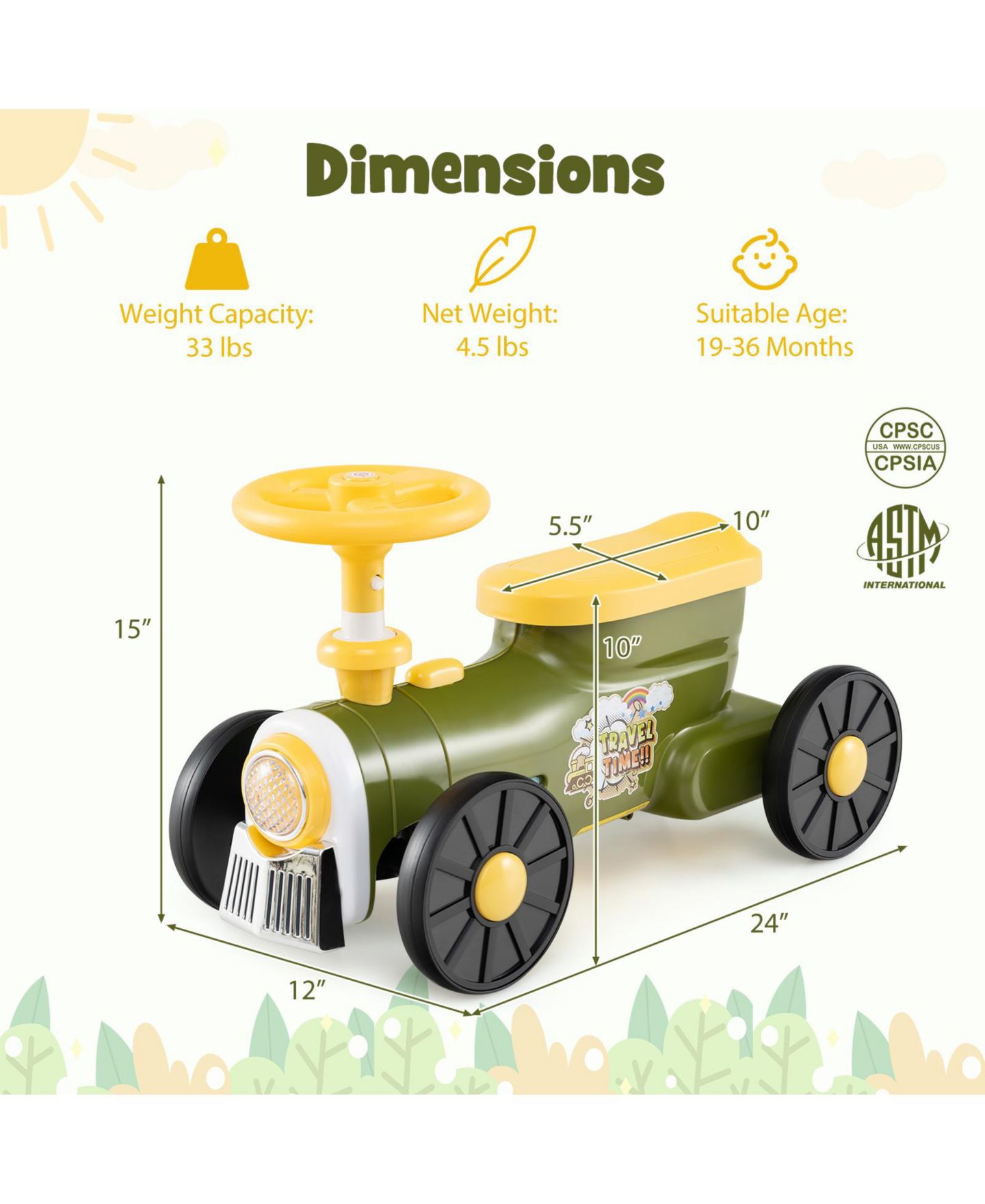 Детская игрушка HONGGE Ride-On Train with Whistle Sound and Under-Seat Storage, Ages 19-36 Months, цвет: Зелёный — фото 4