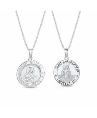 Set of 2 Saint Christopher and Saint Theresa Medal Round Medallion Pendant Necklace Sterling Silver