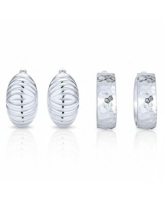 Set of 2 Polished Shrimp Dome and Matte Hammered Hoop Clip-On Earrings Sterling Silver