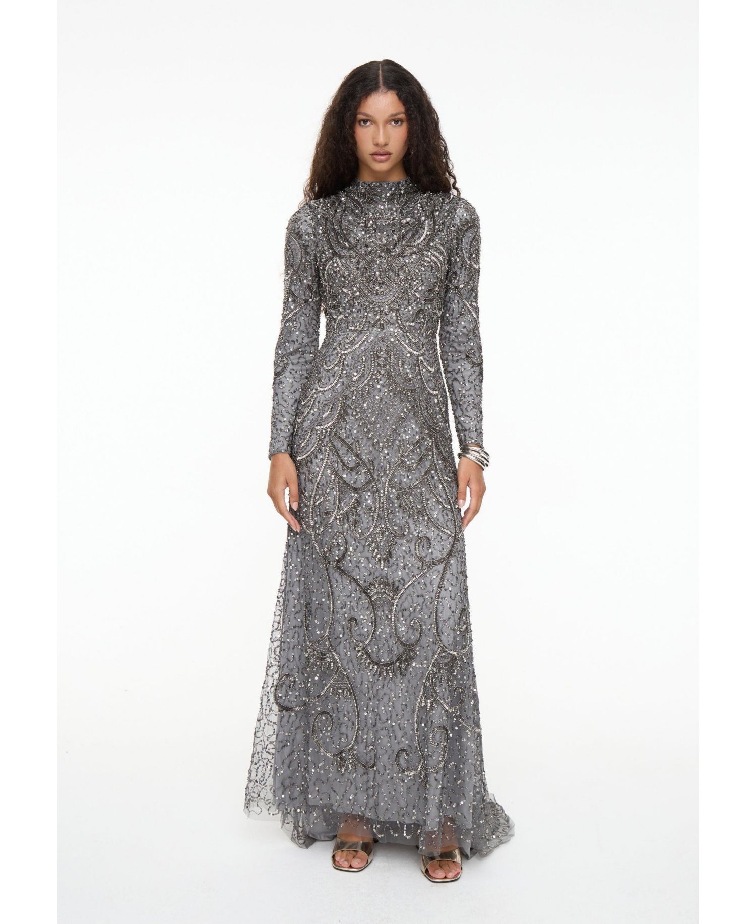Women's Modest Embellished Sequin Beaded Dress Maxi With Cowl Neck