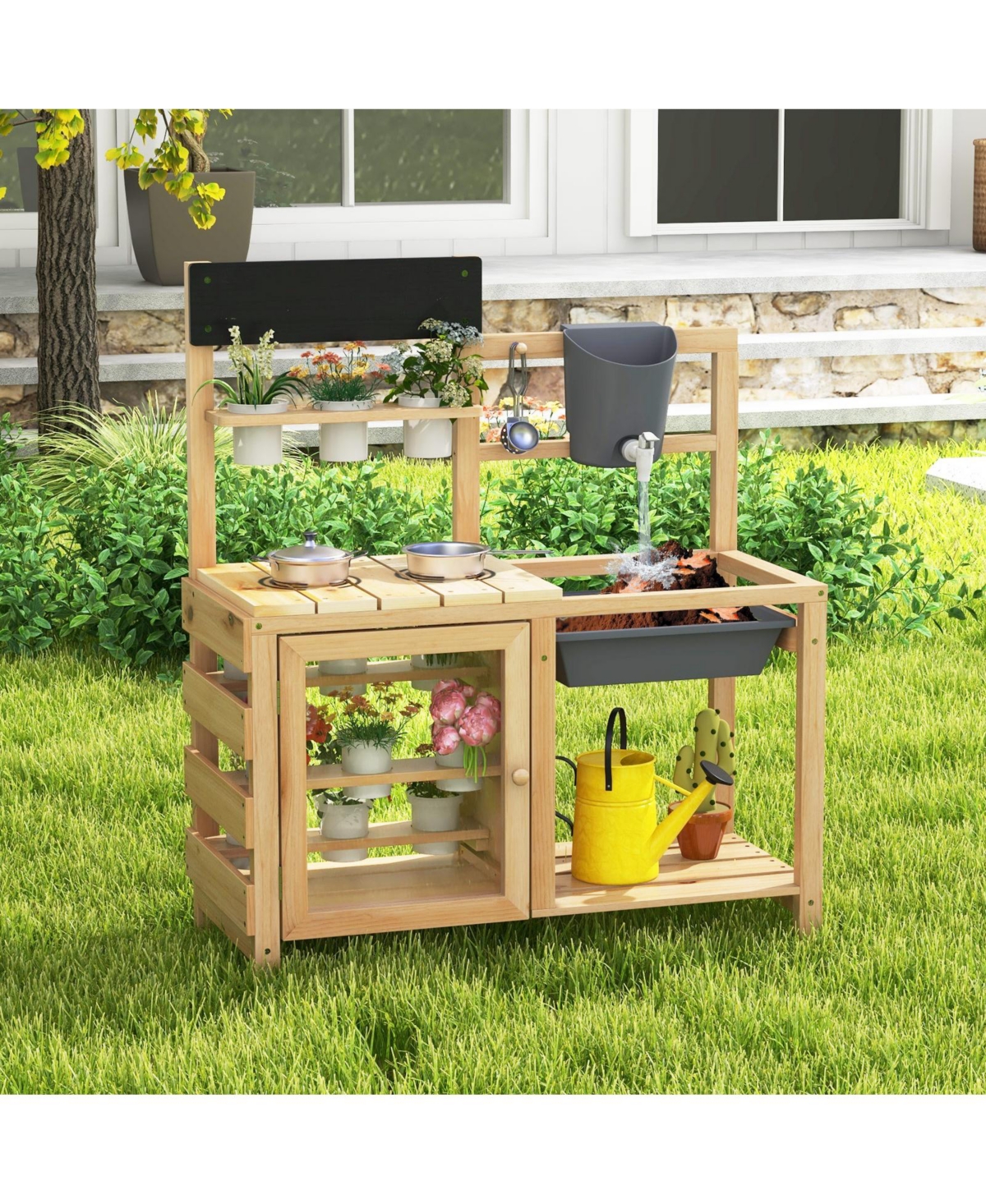 Hongge Outdoor Wooden Mud Kitchen Playset with Sink and Plant Observation Area - Natural