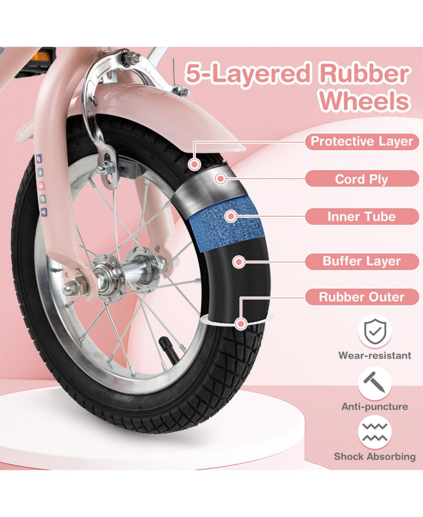 Детская игрушка HONGGE 12-Inch Retro Kids Bike with Training Wheels and Adjustable Height, Ages 3–8, цвет: Розовый — фото 9
