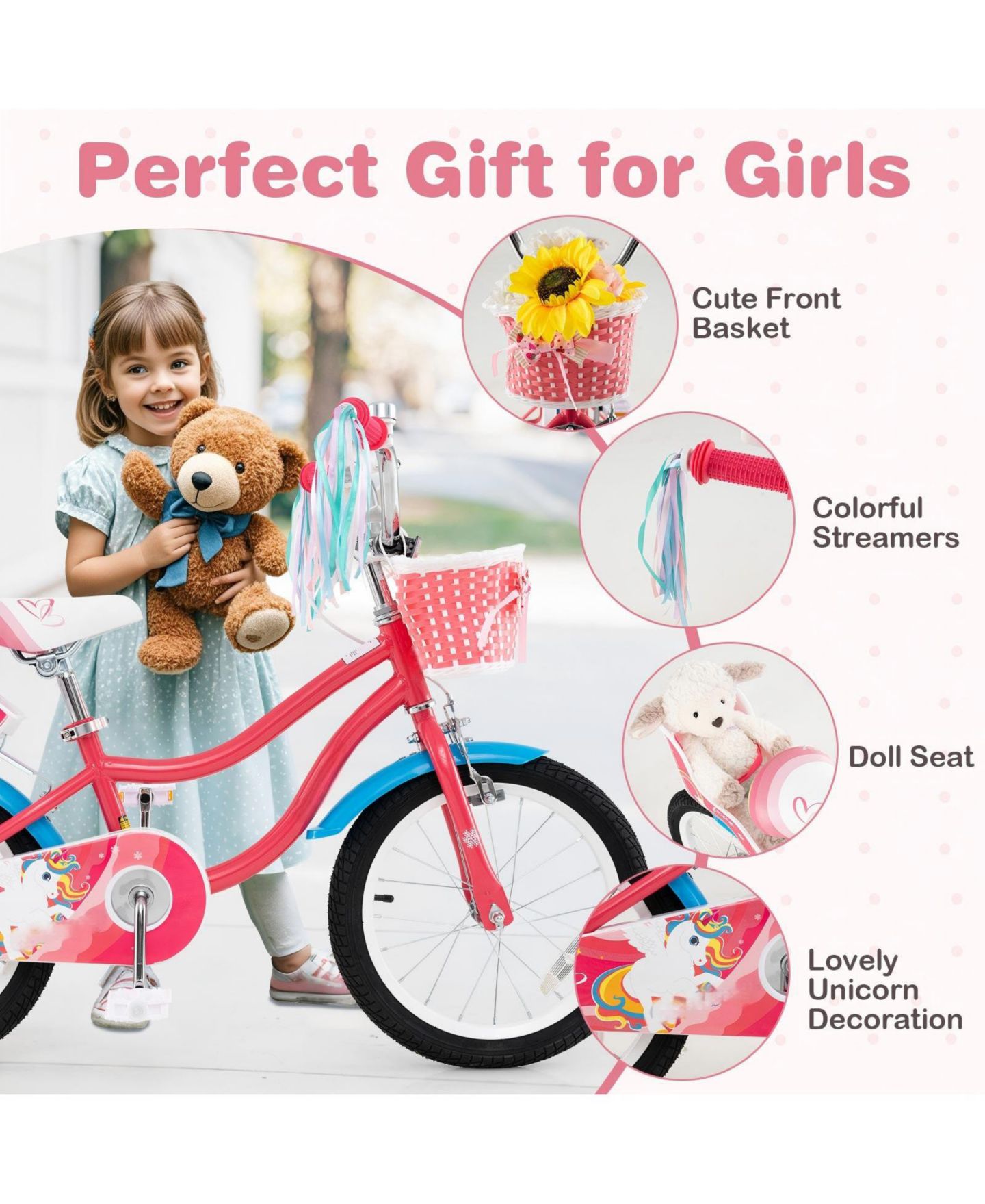 Детская игрушка HONGGE 16-Inch Girls Bike with Training Wheels and Doll Seat, Ages 4–7, цвет: Розовый — фото 8