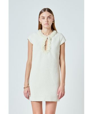 Women's Tweed Shift Dress with Floral Trim