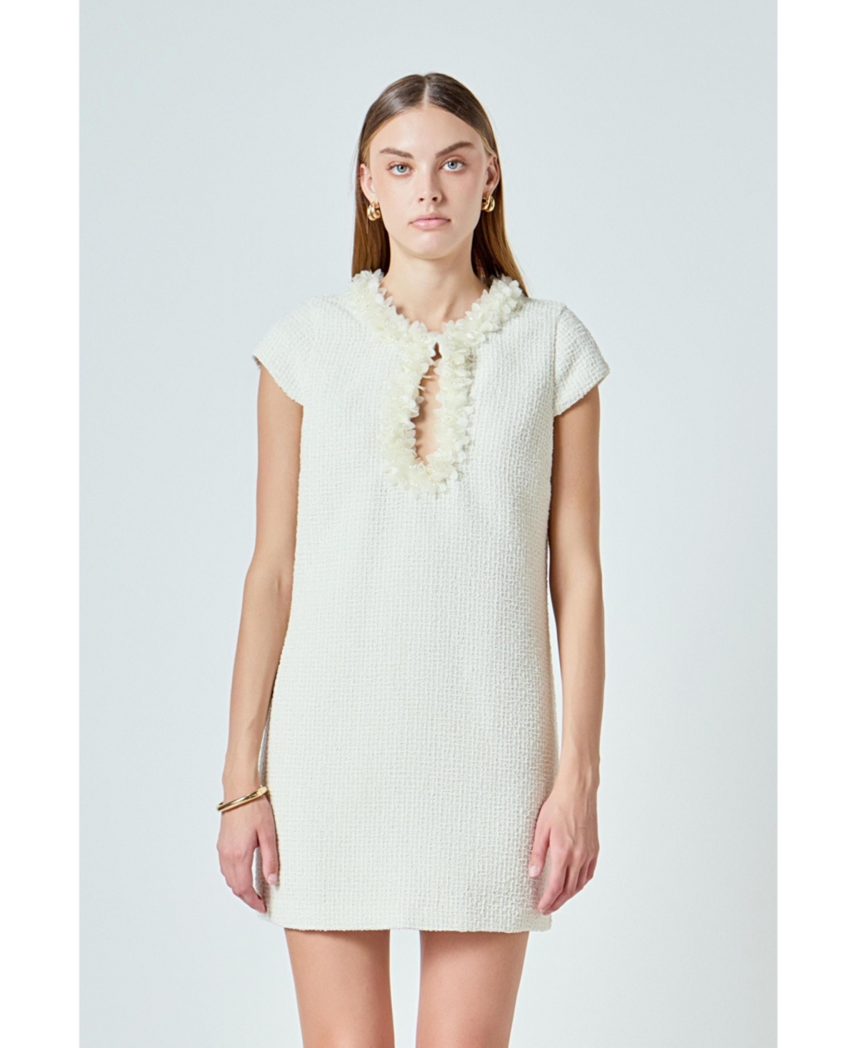 endless rose Women's Tweed Shift Dress with Floral Trim