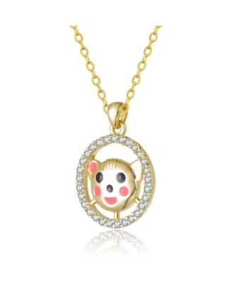 14K Gold Plated with Black Eyes Multi Color Enamel Bear Face Round Pendant Necklace For Kids