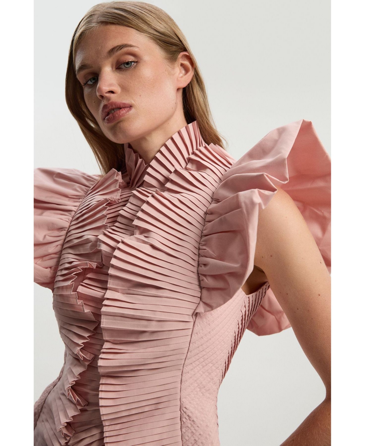 Karen Millen Women's Pleated Ruffle Sleeve Woven Midi Dress