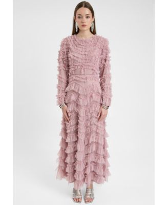 Women's Modest Ruffle Dress Maxi With Self Print Mesh