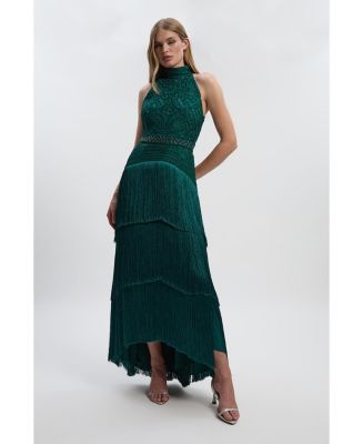 Karen Millen Fringed Beaded Halter Neck Woven Maxi Dress in Dark Green | Size 12