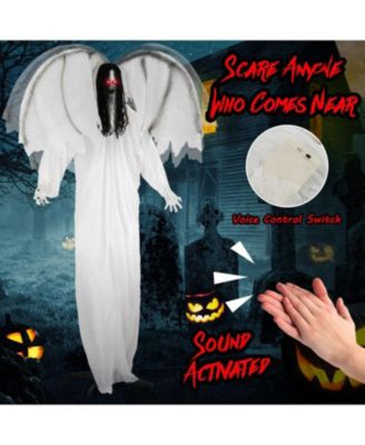 6.6 ft Halloween Animatronic Standing Angel with Sound-Activated Light-up Eyes and Flapping Wings