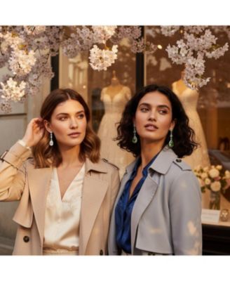 Set of 2 Clear & Green Cubic Zirconia CZ Teardrop Long Dangle Chandelier Prom Statement Earrings Sterling Silver