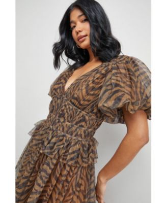 Women's Zebra Print Tulle Ruffle Maxi Dress