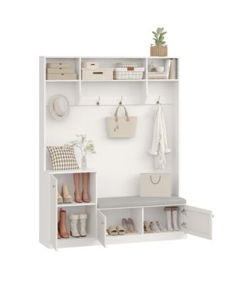 Hall Tree with Bench and Shoe Storage, 3-in-1 Farmhouse Entryway Bench with Coat Rack, 4 Hooks, 4 Shoe Cubbies & 3 Open Compartments