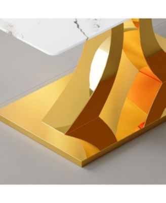 Streamdale Transformable Stainless Steel Gold Base Dining Table, 63"x35", White Glass Top