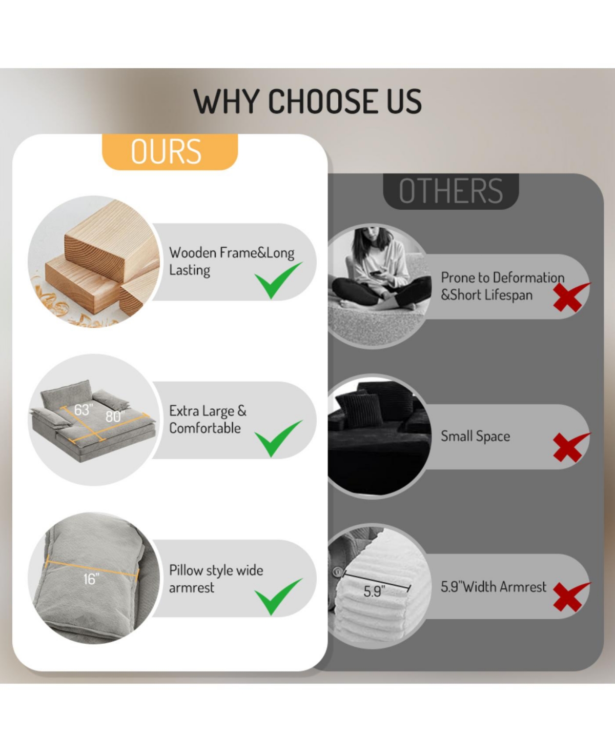 Streamdale Furniture Modern Oversized Double Chaise Lounge Chair with Pillows & Wide Armrests