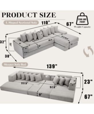 Streamdale Oversize Cloud Couch L-Shape Sofa Convertible Floor Sleeper, No Assembly, 8 Pillows, Gray