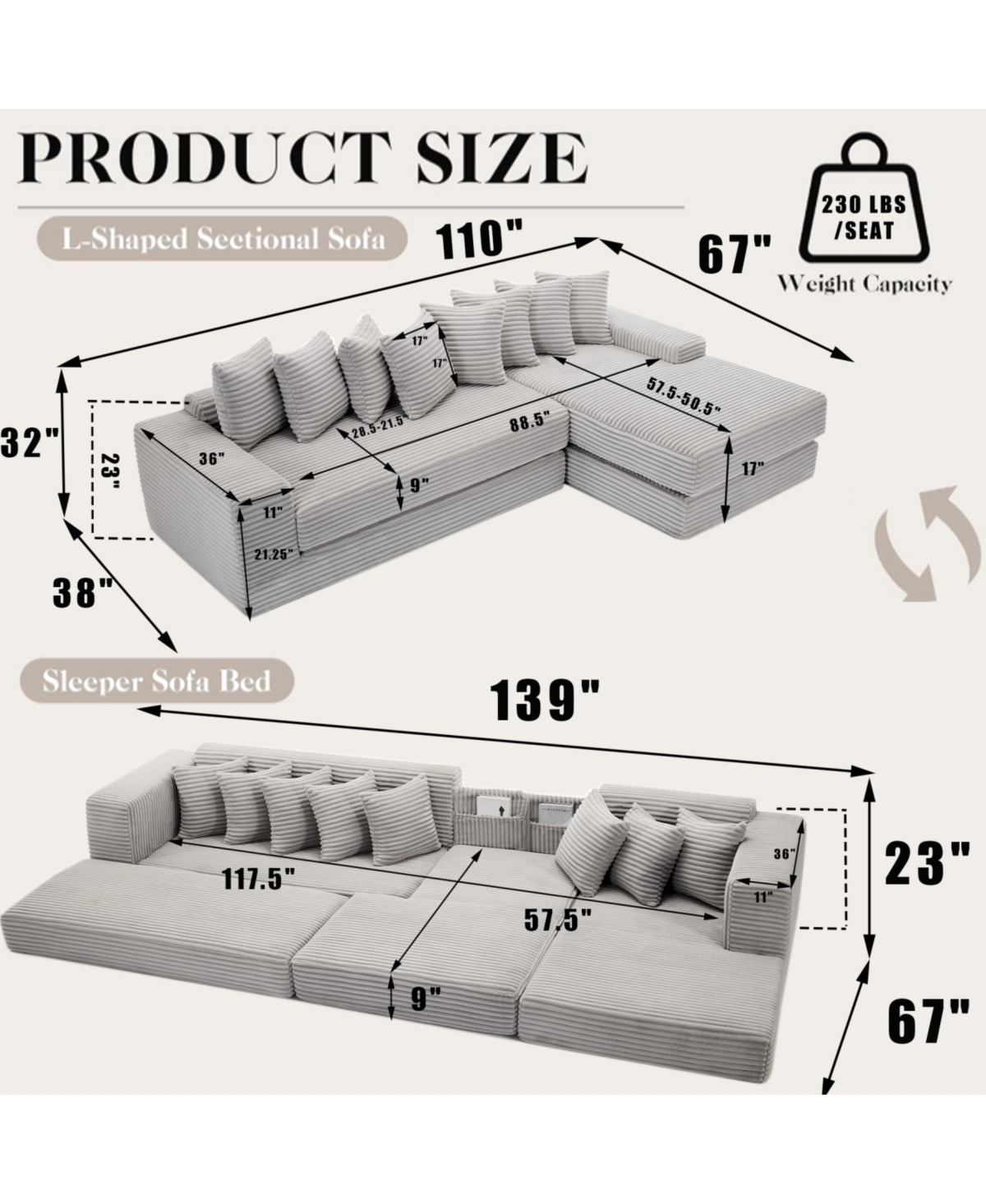 Streamdale Furniture Streamdale Oversize Cloud Couch L-Shape Sofa Convertible Floor Sleeper, No Assembly, 8 Pillows, Gray