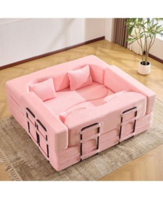 71-inch folding sofa bed, plush, high-density foam, convertible, floor sofa, pink