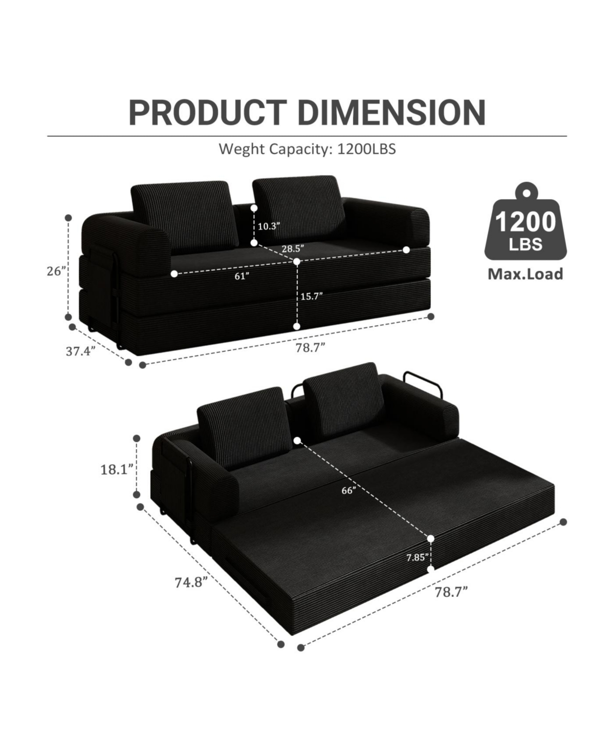 Streamdale Convertible Sleeper Sofa Bed with Pillow - Corduroy Folding Mattress Couch - Black