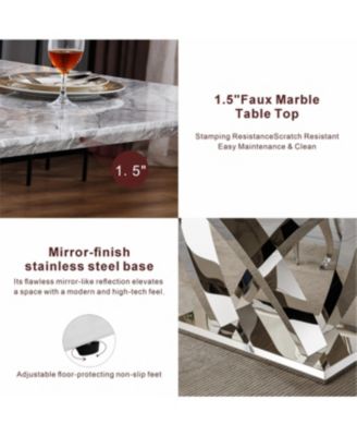 Marble Dining Table for 6, 70" Rectangle Faux Marble Table with Stainless Steel Base