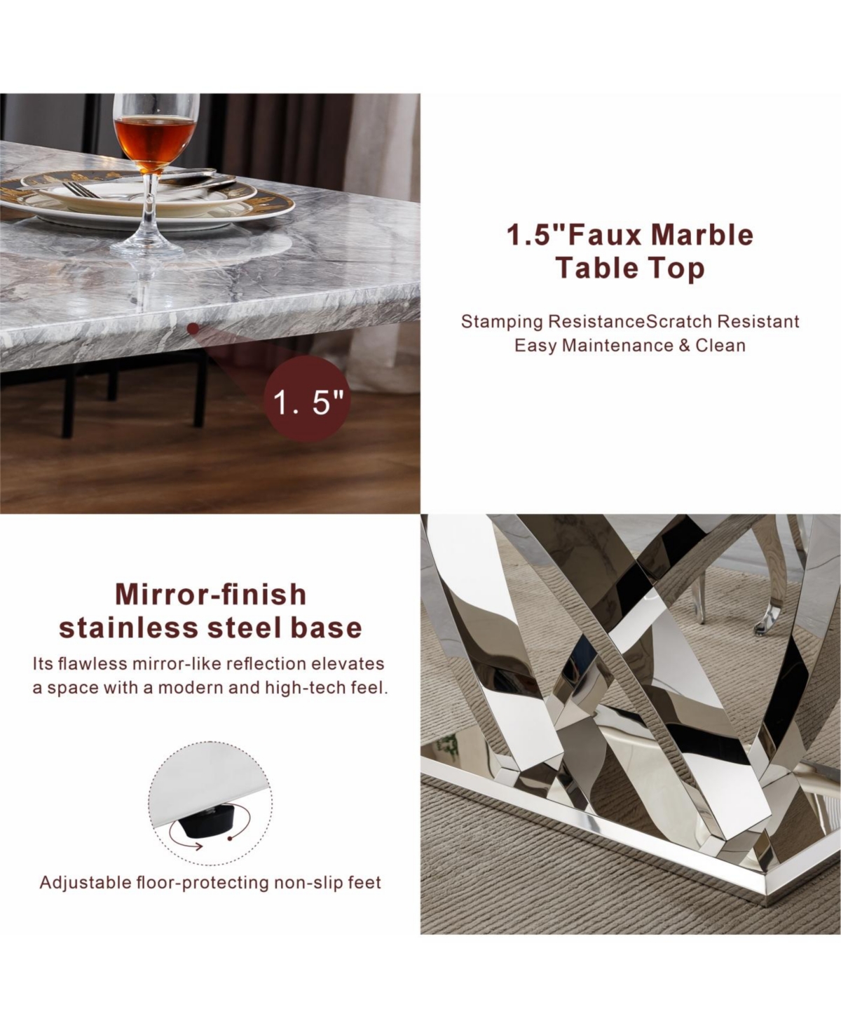 Streamdale Furniture Marble Dining Table for 6, 70" Rectangle Faux Marble Table with Stainless Steel Base