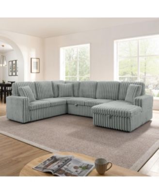 Streamdale Grey Corduroy U-shaped Sofa with Pull-out Bed & Storage Chaise