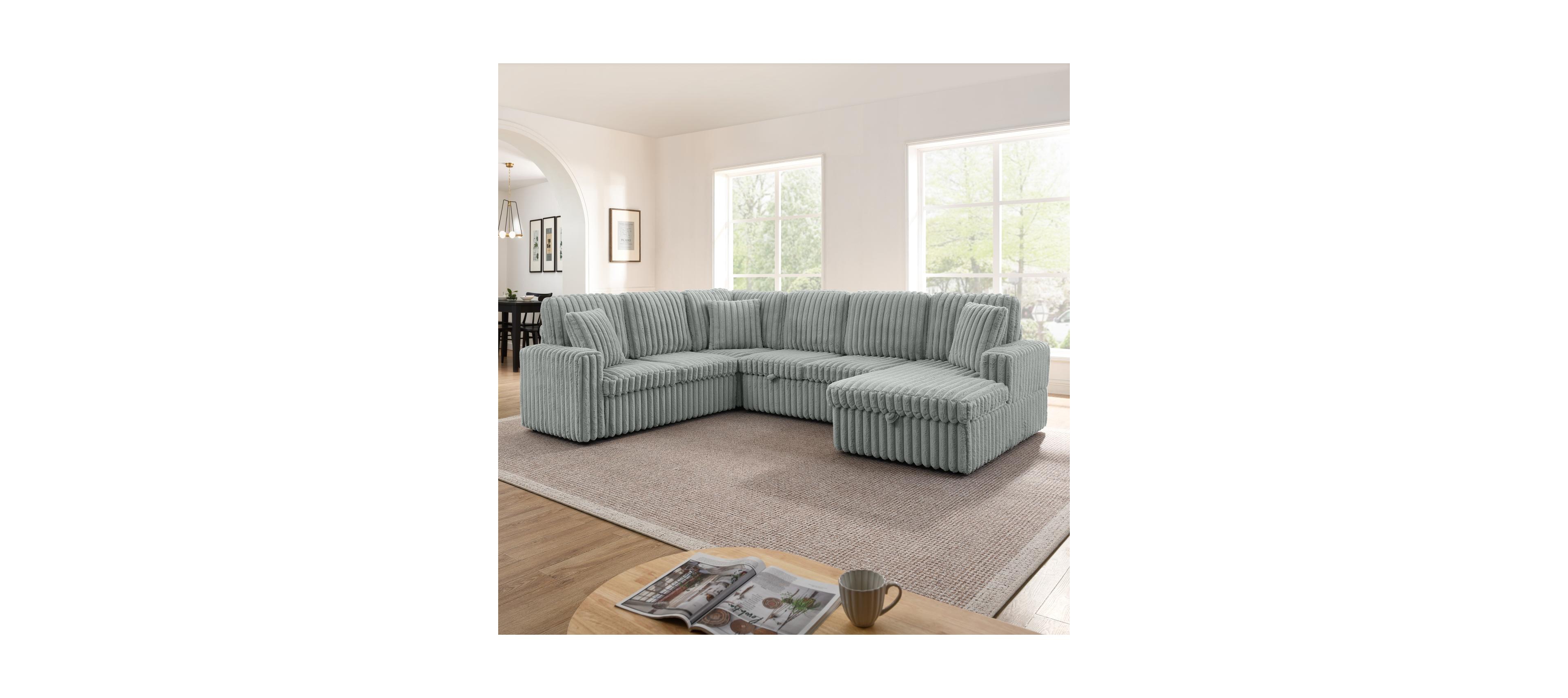 Streamdale Furniture Streamdale Grey Corduroy U-shaped Sofa with Pull-out Bed & Storage Chaise