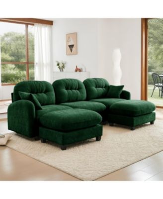 Modular U-Shaped Chenille Couch with Ottoman & Pillows, Green