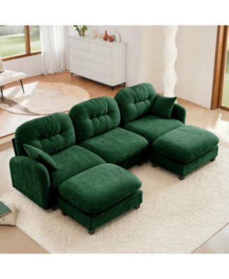 Modular U-Shaped Chenille Couch with Ottoman & Pillows, Green