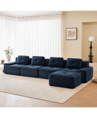 Streamdale Modern L-Shaped Corduroy Sectional Sofa with Movable Ottoman, Blue