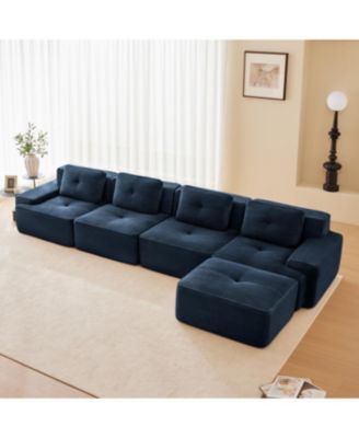 Streamdale Modern L-Shaped Corduroy Sectional Sofa with Movable Ottoman, Blue