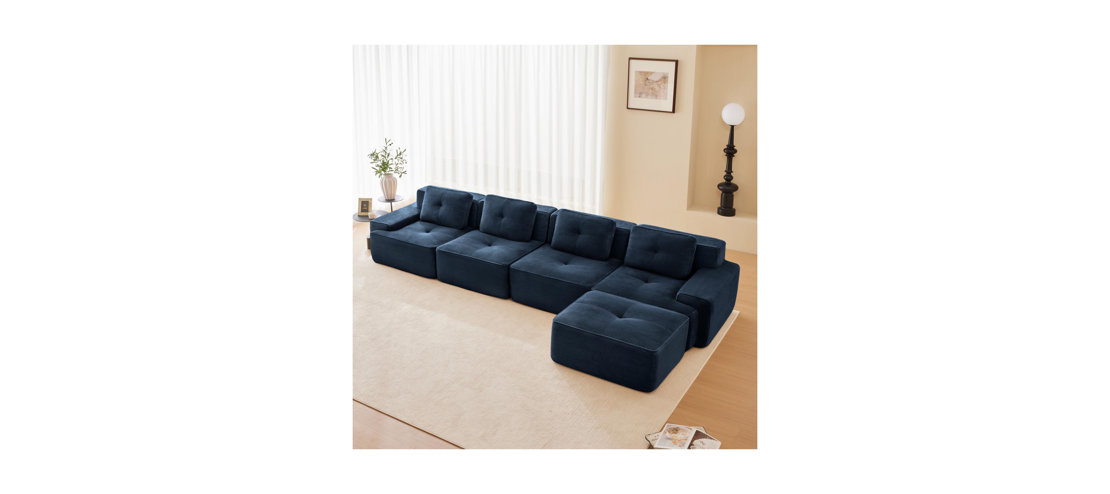 Streamdale Furniture Streamdale Modern L-Shaped Corduroy Sectional Sofa with Movable Ottoman, Blue