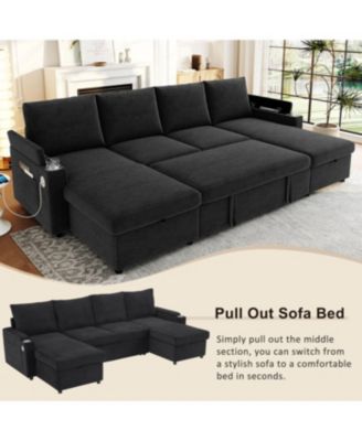 Streamdale Convertible U-Shaped Sectional Sofa with Storage, Cup Holders & USB Ports, Black