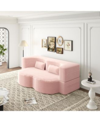 Streamdale Modern Floor Sofa with 2 Pillows, Convertible Plush Corduroy Sleeper Sofa Bed, Pink