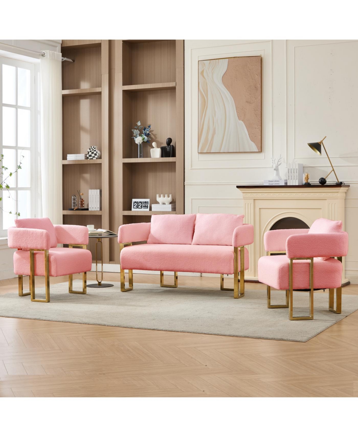 Streamdale Modern Teddy Fleece Chair with Gold Legs, Pink