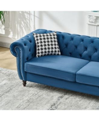 Streamdale Blue  Chesterfield Velvet Sofa with Roll Armrest & Nailhead