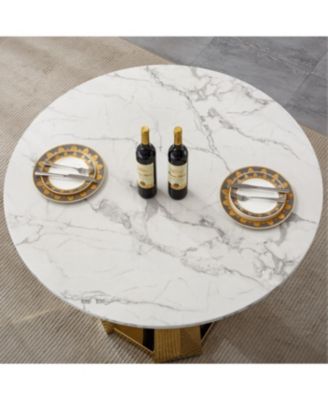 Round Marble Dining Table with Stainless Steel Base (Gold, White)