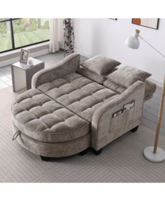 Two-seater sofa with storage chaise, irregular armrests, incl. pillows - Brown