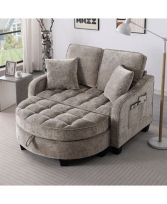 Two-seater sofa with storage chaise, irregular armrests, incl. pillows - Brown