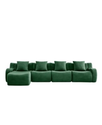 L-Shaped 4-Seat Boneless Sofa, Teddy Fabric, No Assembly, Curved Armrest, Green