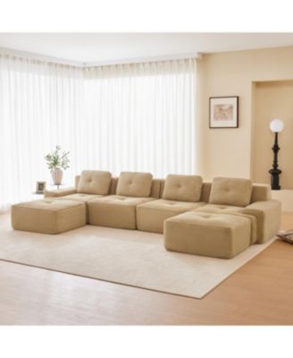 Camel 153" Modern U-Shaped Corduroy Sectional Sofa with 2 Ottomans